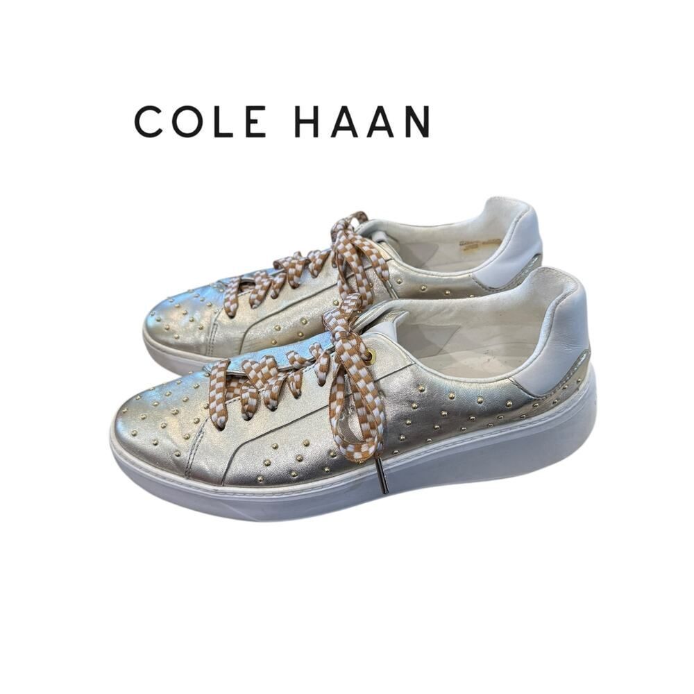 Cole Haan GrandPro Topspin Metallic Gold Studded Checkered Lace Sneakers 9.5
